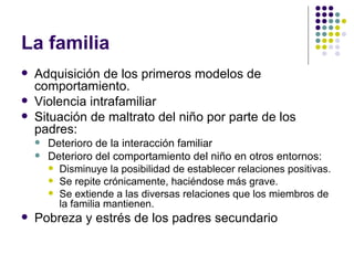 La familia  Adquisición de los primeros modelos de comportamiento. Violencia intrafamiliar Situación de maltrato del niño por parte de los padres: Deterioro de la interacción familiar Deterioro del comportamiento del niño en otros entornos: Disminuye la posibilidad de establecer relaciones positivas. Se repite crónicamente, haciéndose más grave. Se extiende a las diversas relaciones que los miembros de la familia mantienen.  Pobreza y estrés de los padres secundario 