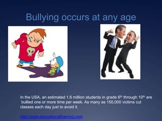 Bullying occurs at any age




In the USA, an estimated 1.6 million students in grade 6th through 10th are
 bullied one or more time per week. As many as 150,000 victims cut
classes each day just to avoid it.

http://www.educationaltraining.com
 