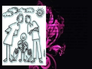 •   Familiares: El niño puede tener
    actitudes agresivas como una
    forma de expresar su sentir ante
    un entorno familiar poco afectivo,
    donde existen situaciones de
    ausencia de algún padre, divorcio,
    violencia, abuso o humillación
    ejercida por los padres y
    hermanos mayores; tal vez
    porque     es   un    niño    que
    posiblemente vive bajo constante
    presión para que tenga éxito en
    sus actividades o por el contrario
    es un niño sumamente mimado.
 