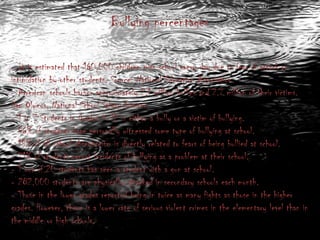 Bullying percentages

- It is estimated that 160,000 children miss school every day due to fear of attack or
intimidation by other students. Source: National Education Association.
- American schools harbor approximately 2.1 million bullies and 2.7 million of their victims.
Dan Olweus, National School Safety Center.
- 1 in 7 Students in Grades K-12 is either a bully or a victim of bullying.
- 56% of students have personally witnessed some type of bullying at school.
- 15% of all school absenteeism is directly related to fears of being bullied at school.
- 71% of students report incidents of bullying as a problem at their school.
- 1 out of 20 students has seen a student with a gun at school.
- 282,000 students are physically attacked in secondary schools each month.
- Those in the lower grades reported being in twice as many fights as those in the higher
grades. However, there is a lower rate of serious violent crimes in the elementary level than in
the middle or high schools.
 