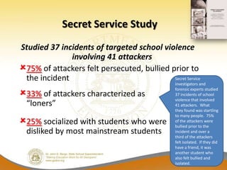 Secret Service Study
Studied 37 incidents of targeted school violence
              involving 41 attackers
75% of attackers felt persecuted, bullied prior to
 the incident                               Secret Service
                                                 investigators and

33% of attackers characterized as
                                                 forensic experts studied
                                                 37 incidents of school
                                                 violence that involved
  “loners”                                       41 attackers. What
                                                 they found was startling
                                                 to many people. 75%
25% socialized with students who were           of the attackers were
                                                 bullied prior to the
  disliked by most mainstream students           incident and over a
                                                 third of the attackers
                                                 felt isolated. If they did
                                                 have a friend, it was
                                                 another student who
                                                 also felt bullied and
                                                 isolated.
 