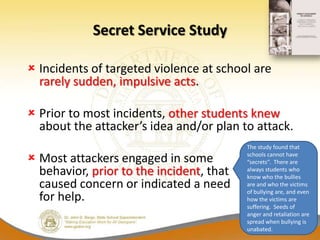 Secret Service Study

 Incidents of targeted violence at school are
  rarely sudden, impulsive acts.

 Prior to most incidents, other students knew
  about the attacker’s idea and/or plan to attack.
                                          The study found that

 Most attackers engaged in some          schools cannot have
                                          “secrets”. There are
  behavior, prior to the incident, that   always students who
                                          know who the bullies
  caused concern or indicated a need      are and who the victims
                                          of bullying are, and even
  for help.                               how the victims are
                                          suffering. Seeds of
                                          anger and retaliation are
                                          spread when bullying is
                                          unabated.
 