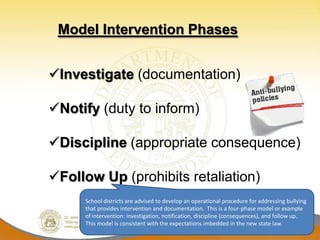 Model Intervention Phases


Investigate (documentation)

Notify (duty to inform)

Discipline (appropriate consequence)

Follow Up (prohibits retaliation)
     School districts are advised to develop an operational procedure for addressing bullying
     that provides intervention and documentation. This is a four-phase model or example
     of intervention: investigation, notification, discipline (consequences), and follow up.
     This model is consistent with the expectations imbedded in the new state law.
 
