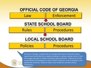 Law                                      Enforcement


 Rules                                      Procedures


Policies                                    Procedures
  The laws in Georgia, coupled with the Georgia State Board of Education Rules,
  require local school districts to address bullying in a serious manner, which in turn
  encourages educators to address bullying programmatically. Implicit too are the
  responsibilities of employees to report violent incidences, such as bullying, to the
  appropriate authority. Failure to report such incidences can have serious
  implications.
 