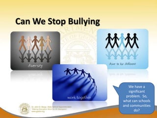 Can We Stop Bullying




                               We have a
                               significant
            work together     problem. So,
                            what can schools
                            and communities
                                  do?
 