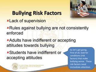 Bullying Risk Factors
Lack of supervision
Rules against bullying are not consistently
enforced
Adults have indifferent or accepting
attitudes towards bullying
                                  So let’s get going.
Students have indifferent or     First of all, look for
                                  conditions (risk
accepting attitudes               factors) that make
                                  bullying worse. These
                                  risk factors need
                                  immediate attention.
 