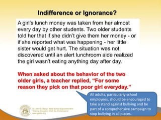 Indifference or Ignorance?
A girl’s lunch money was taken from her almost
every day by other students. Two older students
told her that if she didn’t give them her money - or
if she reported what was happening - her little
sister would get hurt. The situation was not
discovered until an alert lunchroom aide realized
the girl wasn’t eating anything day after day.

When asked about the behavior of the two
older girls, a teacher replied, “For some
reason they pick on that poor girl everyday.”
                               All adults, particularly school
                               employees, should be encouraged to
                               take a stand against bullying and be
                               part of a comprehensive campaign to
                               stop bullying in all places.
 