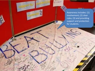 Awareness includes: (1)
involvement; (2) clear
rules; (3) and providing
support and protection
for students.
 