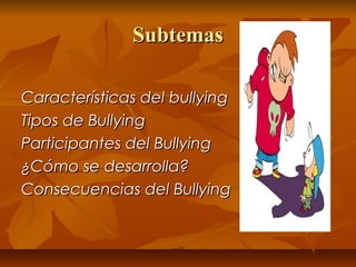 Subtemas

Características del bullying
Tipos de Bullying
Participantes del Bullying
¿Cómo se desarrolla?
Consecuencias del...