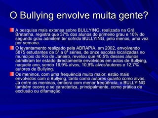 O Bullying envolve muita gente? A pesquisa mais extensa sobre BULLYING, realizada na Grã Bretanha, registra que 37% dos alunos do primeiro grau e 10% do segundo grau admitem ter sofrido BULLYING, pelo menos, uma vez por semana. O levantamento realizado pela ABRAPIA, em 2002, envolvendo 5875 estudantes de 5ª a 8ª séries, de onze escolas localizadas no município do Rio de Janeiro, revelou que 40,5% desses alunos admitiram ter estado directamente envolvidos em actos de Bullying, naquele ano, sendo 16,9% alvos, 10,9% alvos/autores e 12,7% autores de Bullying. Os meninos, com uma frequência muito maior, estão mais envolvidos com o Bullying, tanto como autores quanto como alvos. Já entre as meninas, embora com menor freqüência, o BULLYING também ocorre e se caracteriza, principalmente, como prática de exclusão ou difamação. 