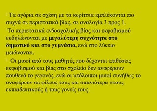  Τα αγόρια σε σχέση με τα κορίτσια εμπλέκονται πιο
συχνά σε περιστατικά βίας, σε αναλογία 3 προς 1.
Τα περιστατικά ενδοσχολικής βίας και εκφοβισμού

εκδηλώνονται με μεγαλύτερη συχνότητα στο
δημοτικό και στο γυμνάσιο, ενώ στο λύκειο
μειώνονται.
 Οι μισοί από τους μαθητές που δέχονται επιθέσεις

εκφοβισμού και βίας στο σχολείο δεν αναφέρουν
πουθενά το γεγονός, ενώ οι υπόλοιποι μισοί συνήθως το
αναφέρουν σε φίλους τους και σπανιότερα στους
εκπαιδευτικούς ή τους γονείς τους.
 