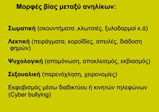 Μορφές βίας μεταξύ ανηλίκων:

   Σωματική (σκουντήματα ,κλωτσιές, ξυλοδαρμοί κ.ά)
   Λεκτική (πειράγματα, κοροϊδίες, απειλές, διάδοση
    φημών)
   Ψυχολογική (απομόνωση, αποκλεισμός, εκβιασμός)
   Σεξουαλική (παρενόχληση, χειρονομίες)
   Εκφοβισμός μέσω διαδικτύου ή κινητών τηλεφώνων
    (Cyber bullying)
 