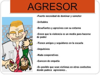 AGRESOR
 -Fuerte necesidad de dominar y someter

 -Irritables

 -Desafiantes y agresivos con su entorno

 -Creen que la violencia es un medio para hacerse
 de poder

 -Tienen amigos y seguidores en la escuela

 -Impulsivos

 -Nada cooperativos

 -Carecen de empatía

 -Es posible que sean víctimas en otros contextos
 donde padece agresiones .
 