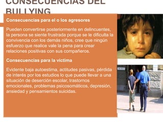 CONSECUENCIAS DEL
BULLYING
Consecuencias para el o los agresores
Pueden convertirse posteriormente en delincuentes,
la persona se siente frustrada porque se le dificulta la
convivencia con los demás niños, cree que ningún
esfuerzo que realice vale la pena para crear
relaciones positivas con sus compañeros.
Consecuencias para la víctima
Evidente baja autoestima, actitudes pasivas, pérdida
de interés por los estudios lo que puede llevar a una
situación de deserción escolar, trastornos
emocionales, problemas psicosomáticos, depresión,
ansiedad y pensamientos suicidas.
 