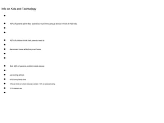 Info on Kids and Technology
●
● 40% of parents admit they spend too much time using a device in front of their kids.
●
●
● 42% of children think their parents need to
●
● disconnect more while they’re at home.
●
●
● But, 49% of parents prohibit mobile device
●
● use during school.
● 43% during family time.
● 18% set limits on whom kids can contact. 14% on picture texting
● 31% Internet use.
●
 