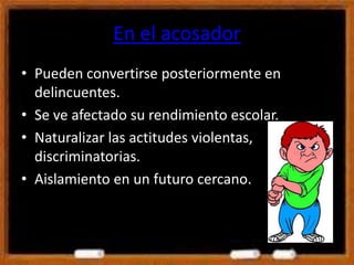 En el acosador
• Pueden convertirse posteriormente en
delincuentes.
• Se ve afectado su rendimiento escolar.
• Naturalizar las actitudes violentas,
discriminatorias.
• Aislamiento en un futuro cercano.
 