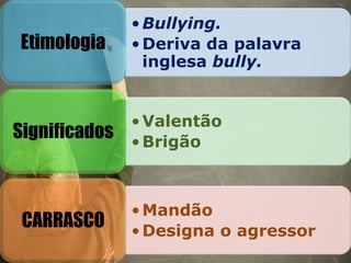 •Bullying.
•Deriva da palavra
inglesa bully.
Etimologia
•Valentão
•Brigão
Significados
•Mandão
•Designa o agressor
CARRASCO
 