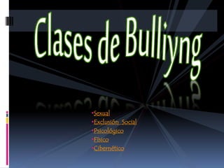 •Sexual 
•Exclusión Social 
•Psicológico 
•Físico 
•Cibernético 
 
