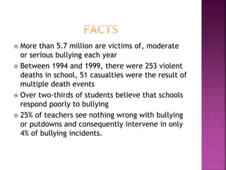 More than 5.7 million are victims of, moderate
or serious bullying each year
 Between 1994 and 1999, there were 253 violent
deaths in school, 51 casualties were the result of
multiple death events
 Over two-thirds of students believe that schools
respond poorly to bullying
 25% of teachers see nothing wrong with bullying
or putdowns and consequently intervene in only
4% of bullying incidents.


 