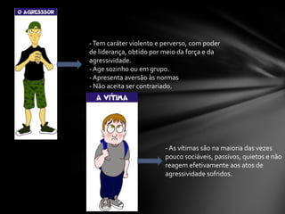 -Tem caráter violento e perverso, com poder
de liderança, obtido por meio da força e da
agressividade.
- Age sozinho ou em grupo.
- Apresenta aversão às normas
- Não aceita ser contrariado.
- As vítimas são na maioria das vezes
pouco sociáveis, passivos, quietos e não
reagem efetivamente aos atos de
agressividade sofridos.
 
