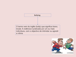 Bullying
O termo vem do inglês (bully) que significa tirano,
brutal. A violência é praticada por um ou mais
indivíduos, com o objectivo de intimidar ou agredir
a vítima
 