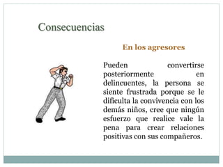 En los agresores 
Consecuencias 
Pueden convertirse 
posteriormente en 
delincuentes, la persona se 
siente frustrada porque se le 
dificulta la convivencia con los 
demás niños, cree que ningún 
esfuerzo que realice vale la 
pena para crear relaciones 
positivas con sus compañeros. 
 