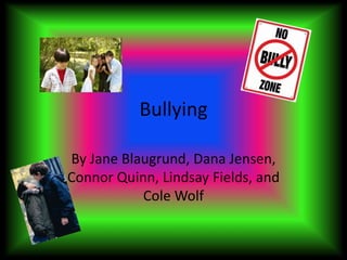 Bullying
By Jane Blaugrund, Dana Jensen,
Connor Quinn, Lindsay Fields, and
Cole Wolf
 