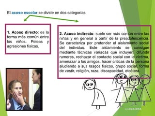 El acoso escolar se divide en dos categorías
1. Acoso directo: es la
forma más común entre
los niños. Peleas y
agresiones físicas.
2. Acoso indirecto: suele ser más común entre las
niñas y en general a partir de la preadolescencia.
Se caracteriza por pretender el aislamiento social
del individuo. Este aislamiento se consigue
mediante técnicas variadas que incluyen: difundir
rumores, rechazar el contacto social con la víctima,
amenazar a los amigos, hacer criticas de la persona
aludiendo a sus rasgos físicos, grupo social, forma
de vestir, religión, raza, discapacidad, etcétera.
 