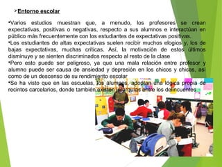 Entorno escolar
Varios estudios muestran que, a menudo, los profesores se crean
expectativas, positivas o negativas, respecto a sus alumnos e interactúan en
público más frecuentemente con los estudiantes de expectativas positivas.
Los estudiantes de altas expectativas suelen recibir muchos elogios y, los de
bajas expectativas, muchas críticas. Así, la motivación de estos últimos
disminuye y se sienten discriminados respecto al resto de la clase
Pero esto puede ser peligroso, ya que una mala relación entre profesor y
alumno puede ser causa de ansiedad y depresión en los chicos y chicas, así
como de un descenso de su rendimiento escolar
Se ha visto que en las escuelas, los alumnos, adoptan una lógica propia de
recintos carcelarios, donde también existen jerarquías entre los delincuentes
 