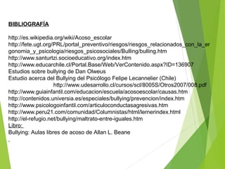 BIBLIOGRAFÍA
http://es.wikipedia.org/wiki/Acoso_escolar
http://fete.ugt.org/PRL/portal_preventivo/riesgos/riesgos_relacionados_con_la_er
gonomia_y_psicologia/riesgos_psicosociales/Bulling/bulling.htm
http://www.santurtzi.socioeducativo.org/index.htm
http://www.educarchile.cl/Portal.Base/Web/VerContenido.aspx?ID=136907
Estudios sobre bullying de Dan Olweus
Estudio acerca del Bullying del Psicólogo Felipe Lecannelier (Chile)
http://www.udesarrollo.cl/cursos/scl/8005S/Otros2007/008.pdf
http://www.guiainfantil.com/educacion/escuela/acosoescolar/causas.htm
http://contenidos.universia.es/especiales/bullying/prevencion/index.htm
http://www.psicologoinfantil.com/articuloconductasagresivas.htm
http://www.peru21.com/comunidad/Columnistas/html/lernerindex.html
http://el-refugio.net/bullying/maltrato-entre-iguales.htm
Libro:
Bullying: Aulas libres de acoso de Allan L. Beane
 