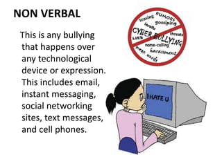 NON VERBAL
This is any bullying
that happens over
any technological
device or expression.
This includes email,
instant messaging,
social networking
sites, text messages,
and cell phones.
 