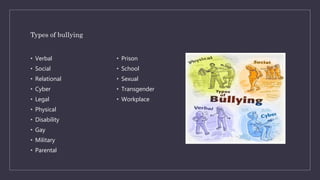 Types of bullying
• Verbal
• Social
• Relational
• Cyber
• Legal
• Physical
• Disability
• Gay
• Military
• Parental
• Prison
• School
• Sexual
• Transgender
• Workplace
 