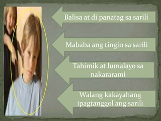 Balisa at di panatag sa sarili
Mababa ang tingin sa sarili
Tahimik at lumalayo sa
nakararami
Walang kakayahang
ipagtanggol ang sarili
 