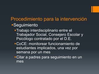 Procedimiento para la intervención
Seguimiento
Trabajo interdisciplinario entre el
Trabajador Social, Consejero Escolar y
Psicólogo contratado por el D.E.
CoCE: monitorear funcionamiento de
estudiantes implicados, una vez por
semana por un mes
Citar a padres para seguimiento en un
mes
 