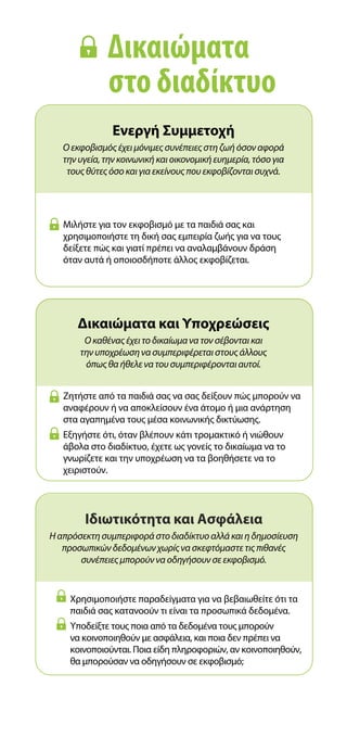 Δικαιώματα
στο διαδίκτυο
Ενεργή Συμμετοχή
Ο εκφοβισμός έχει μόνιμες συνέπειες στη ζωή όσον αφορά
την υγεία, την κοινωνική και οικονομική ευημερία, τόσο για
τους θύτες όσο και για εκείνους που εκφοβίζονται συχνά.
Δικαιώματα και Υποχρεώσεις
Ο καθένας έχει το δικαίωμα να τον σέβονται και
την υποχρέωση να συμπεριφέρεται στους άλλους
όπως θα ήθελε να του συμπεριφέρονται αυτοί.
Ιδιωτικότητα και Ασφάλεια
Η απρόσεκτη συμπεριφορά στο διαδίκτυο αλλά και η δημοσίευση
προσωπικών δεδομένων χωρίς να σκεφτόμαστε τις πιθανές
συνέπειες μπορούν να οδηγήσουν σε εκφοβισμό.

Ζητήστε από τα παιδιά σας να σας δείξουν πώς μπορούν να
αναφέρουν ή να αποκλείσουν ένα άτομο ή μια ανάρτηση
στα αγαπημένα τους μέσα κοινωνικής δικτύωσης.

Εξηγήστε ότι, όταν βλέπουν κάτι τρομακτικό ή νιώθουν
άβολα στο διαδίκτυο, έχετε ως γονείς το δικαίωμα να το
γνωρίζετε και την υποχρέωση να τα βοηθήσετε να το
χειριστούν.
 
Χρησιμοποιήστε παραδείγματα για να βεβαιωθείτε ότι τα
παιδιά σας κατανοούν τι είναι τα προσωπικά δεδομένα.

Υποδείξτε τους ποια από τα δεδομένα τους μπορούν
να κοινοποιηθούν με ασφάλεια, και ποια δεν πρέπει να
κοινοποιούνται. Ποια είδη πληροφοριών, αν κοινοποιηθούν,
θα μπορούσαν να οδηγήσουν σε εκφοβισμό;
 
Μιλήστε για τον εκφοβισμό με τα παιδιά σας και
χρησιμοποιήστε τη δική σας εμπειρία ζωής για να τους
δείξετε πώς και γιατί πρέπει να αναλαμβάνουν δράση
όταν αυτά ή οποιοσδήποτε άλλος εκφοβίζεται.
 