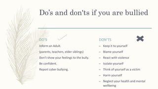 Do’s and don'ts if you are bullied
DO’S
Inform an Adult.
(parents, teachers, elder siblings)
Don’t show your feelings to the bully.
Be confident.
Report cyber bullying.
DON’TS
– Keep it to yourself
– Blame yourself
– React with violence
– Isolate yourself
– Think of yourself as a victim
– Harm yourself
– Neglect your health and mental
wellbeing
 