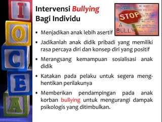 Intervensi Bullying
Bagi Individu
• Menjadikan anak lebih asertif
• Jadikanlah anak didik pribadi yang memiliki
rasa percaya diri dan konsep diri yang positif
• Merangsang kemampuan sosialisasi anak
didik
• Katakan pada pelaku untuk segera meng-
hentikan perilakunya
• Memberikan pendampingan pada anak
korban bullying untuk mengurangi dampak
psikologis yang ditimbulkan.
 