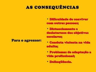 AS CONSEQUÊNCIAS Para o agressor: Dificuldade de conviver com outras pessoas; Distanciamento e desinteresse dos objetivos escolares; Conduta violenta na vida adulta; Problemas de adaptação a vida profissional; Delinqüência.  