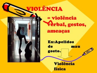 VIOLÊNCIA Ex:Apelidos de mau gosto... = violência verbal, gestos, ameaças Violência física 