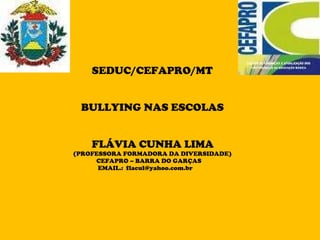 SEDUC/CEFAPRO/MT BULLYING NAS ESCOLAS FLÁVIA CUNHA LIMA   (PROFESSORA FORMADORA DA DIVERSIDADE) CEFAPRO – BARRA DO GARÇAS  EMAIL.:  [email_address] 