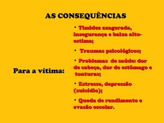 Para a vítima: Timidez exagerada, insegurança e baixa alto-estima; Traumas psicológicos; Problemas  de saúde: dor de cabeça, dor de estômago e  tonturas; Estresse, depressão (suicídio); Queda de rendimento e evasão escolar. AS CONSEQUÊNCIAS 