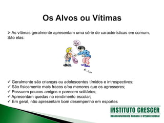  As vítimas geralmente apresentam uma série de características em comum.
São elas:
 Geralmente são crianças ou adolescentes tímidos e introspectivos;
 São fisicamente mais fracos e/ou menores que os agressores;
 Possuem poucos amigos e parecem solitários;
 Apresentam quedas no rendimento escolar;
 Em geral, não apresentam bom desempenho em esportes
 