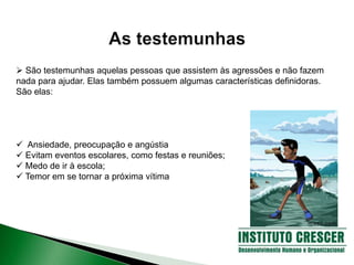  São testemunhas aquelas pessoas que assistem às agressões e não fazem
nada para ajudar. Elas também possuem algumas características definidoras.
São elas:
 Ansiedade, preocupação e angústia
 Evitam eventos escolares, como festas e reuniões;
 Medo de ir à escola;
 Temor em se tornar a próxima vítima
 