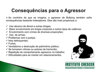  Ao contrário do que se imagina, o agressor de Bullying também sofre
consequências bastante indesejáveis. Eles são mais propensos a:
 Uso abusivo de álcool e outras drogas;
 Maior envolvimento em brigas corporais e outros tipos de violência;
 Envolvimento com crimes de diversas proporções;
 Uso de armas;
 Problemas com a justiça;
 Atos delinquentes;
 Furtos;
 Vandalismo e destruição de patrimônio público;
 Se tornarem vítimas ou autores de homicídio;
 Repetição do comportamento agressivo no trabalho;
 Dificuldades para se manter em relacionamentos.
 