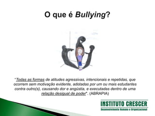“Todas as formas de atitudes agressivas, intencionais e repetidas, que
ocorrem sem motivação evidente, adotadas por um ou mais estudantes
contra outro(s), causando dor e angústia, e executadas dentro de uma
relação desigual de poder". (ABRAPIA)
 