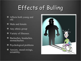 Effects of Bulling Affects both young and old. Male and female. Any ethnic group Variety of illnesses. Backaches, headaches, stomachaches. Psychological problems Anxiety, mood swings, irritability.  