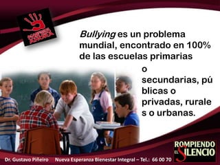 Bullying es un problema
mundial, encontrado en 100%
de las escuelas primarias
o
secundarias, pú
blicas o
privadas, rurale
s o urbanas.
Dr. Gustavo Piñeiro Nueva Esperanza Bienestar Integral – Tel.: 66 00 70
 