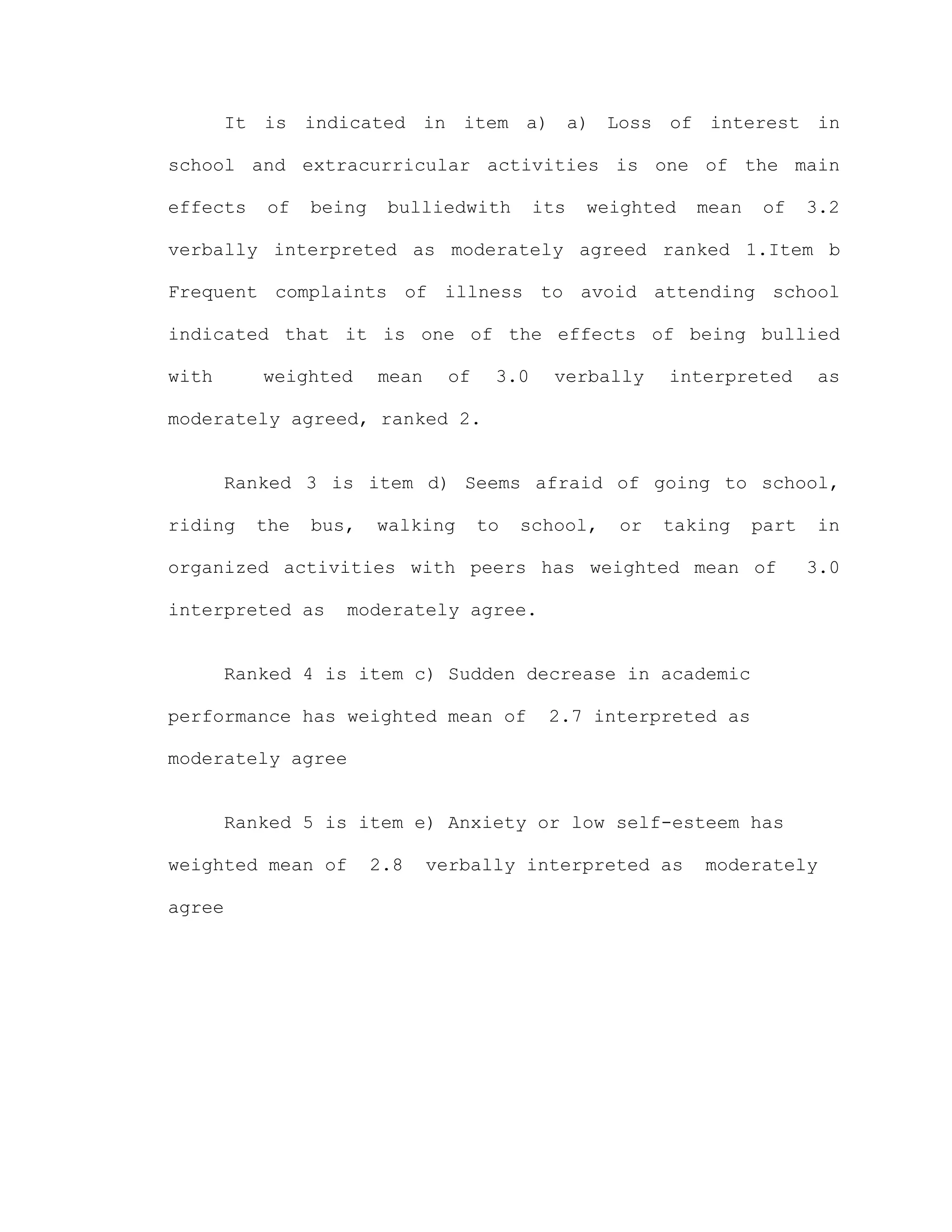 It is indicated in item a) a) Loss of interest in

school and extracurricular activities is one of the main

effects    of   being    bulliedwith        its   weighted   mean    of    3.2

verbally interpreted as moderately agreed ranked 1.Item b

Frequent complaints of illness to avoid attending school

indicated that it is one of the effects of being bullied

with       weighted     mean    of    3.0    verbally    interpreted        as

moderately agreed, ranked 2.


        Ranked 3 is item d) Seems afraid of going to school,

riding    the   bus,    walking      to   school,   or   taking     part    in

organized activities with peers has weighted mean of                       3.0

interpreted as     moderately agree.


        Ranked 4 is item c) Sudden decrease in academic

performance has weighted mean of             2.7 interpreted as

moderately agree


        Ranked 5 is item e) Anxiety or low self-esteem has

weighted mean of        2.8    verbally interpreted as       moderately

agree
 