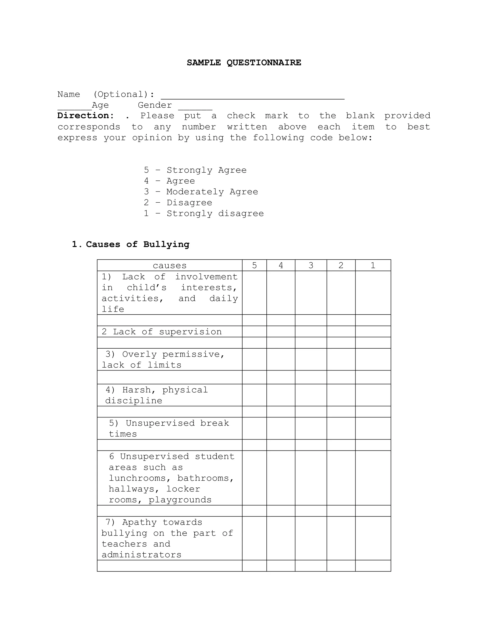 SAMPLE QUESTIONNAIRE


Name (Optional):
______Age     Gender ______
Direction: . Please put a check mark to the blank           provided
corresponds to any number written above each item           to best
express your opinion by using the following code below:


              5   –   Strongly Agree
              4   –   Agree
              3   –   Moderately Agree
              2   –   Disagree
              1   –   Strongly disagree


  1. Causes of Bullying

                causes              5     4     3   2   1
       1) Lack of involvement
       in child’s interests,
       activities, and daily
       life

       2 Lack of supervision

        3) Overly permissive,
       lack of limits

        4) Harsh, physical
        discipline

        5) Unsupervised break
        times

        6 Unsupervised student
        areas such as
        lunchrooms, bathrooms,
        hallways, locker
        rooms, playgrounds

        7) Apathy towards
       bullying on the part of
       teachers and
       administrators
 