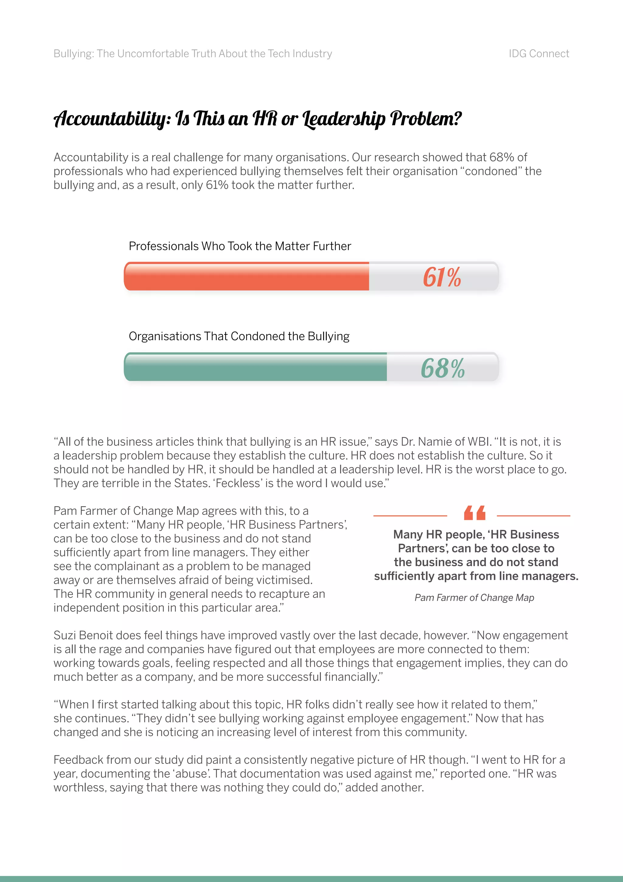 Bullying: The Uncomfortable Truth About the Tech Industry IDG Connect
Accountability: Is This an HR or Leadership Problem?
Accountability is a real challenge for many organisations. Our research showed that 68% of
professionals who had experienced bullying themselves felt their organisation “condoned” the
bullying and, as a result, only 61% took the matter further.
“All of the business articles think that bullying is an HR issue,” says Dr. Namie of WBI.“It is not, it is
a leadership problem because they establish the culture. HR does not establish the culture. So it
should not be handled by HR, it should be handled at a leadership level. HR is the worst place to go.
They are terrible in the States.‘Feckless’ is the word I would use.”
Pam Farmer of Change Map agrees with this, to a
certain extent: “Many HR people,‘HR Business Partners’,
can be too close to the business and do not stand
sufficiently apart from line managers. They either
see the complainant as a problem to be managed
away or are themselves afraid of being victimised.
The HR community in general needs to recapture an
independent position in this particular area.”
Suzi Benoit does feel things have improved vastly over the last decade, however.“Now engagement
is all the rage and companies have figured out that employees are more connected to them:
working towards goals, feeling respected and all those things that engagement implies, they can do
much better as a company, and be more successful financially.”
“When I first started talking about this topic, HR folks didn’t really see how it related to them,”
she continues.“They didn’t see bullying working against employee engagement.” Now that has
changed and she is noticing an increasing level of interest from this community.
Feedback from our study did paint a consistently negative picture of HR though.“I went to HR for a
year, documenting the ‘abuse’. That documentation was used against me,” reported one.“HR was
worthless, saying that there was nothing they could do,” added another.
Professionals Who Took the Matter Further
Organisations That Condoned the Bullying
68%
61%
Many HR people, ‘HR Business
Partners’, can be too close to
the business and do not stand
sufficiently apart from line managers.
Pam Farmer of Change Map
“
 
